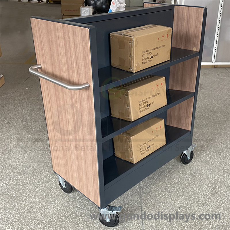 Double Sided Wood Metal Retail Store Fixture Book Trolley Wooden Display Cart