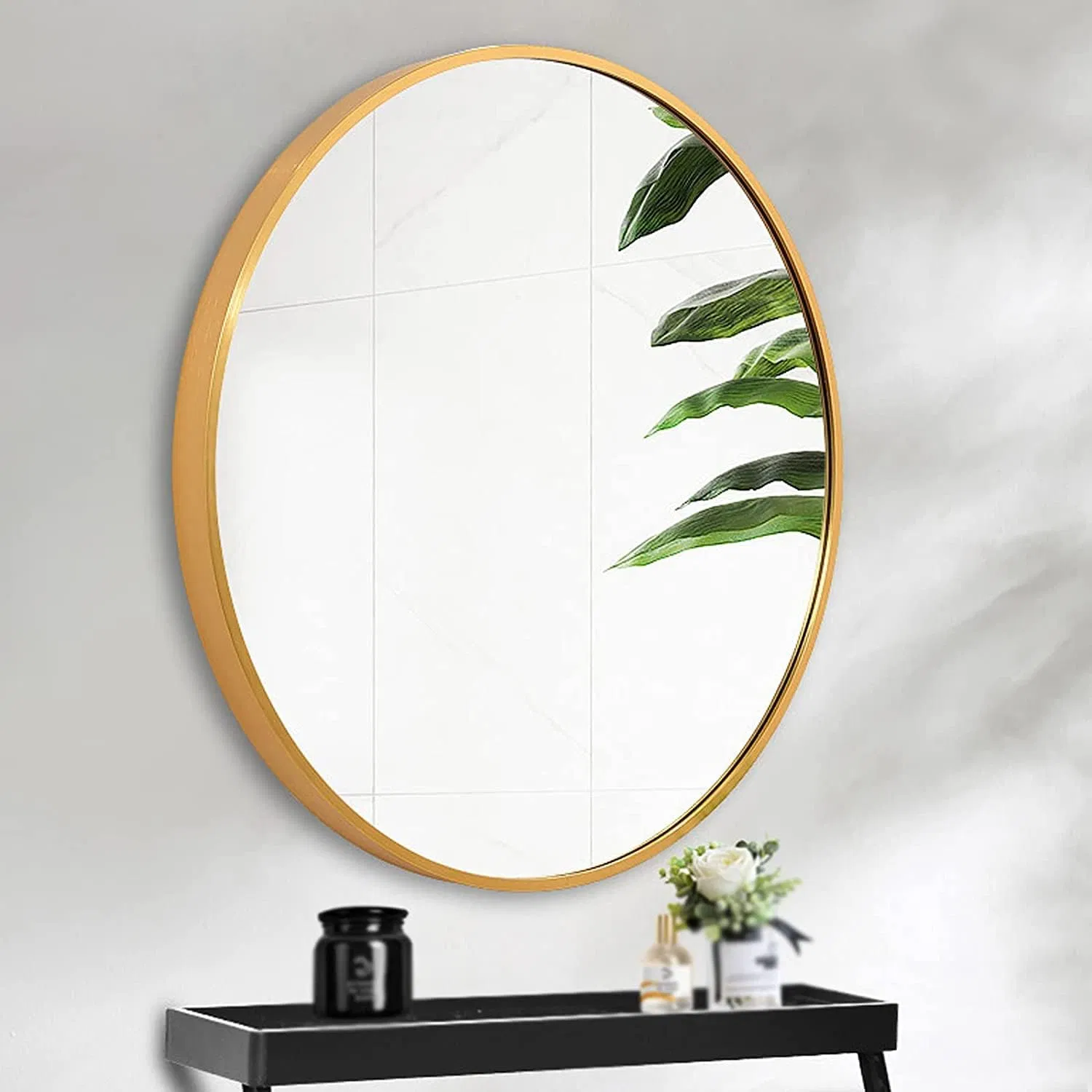 900*900*40mm Black Aluminum Framed Round Bathroom Wall Silver Glass Mirror