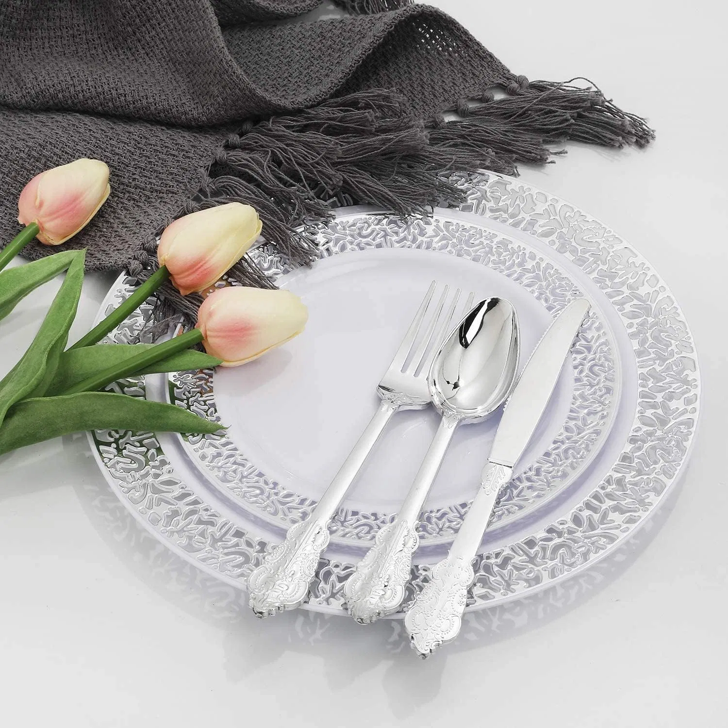 Silver Plastic Plates 10.25 for Big Party White with Silver Lace Rim Disposable Dinner Plates Heavy Duty for Party Wedding Birthday