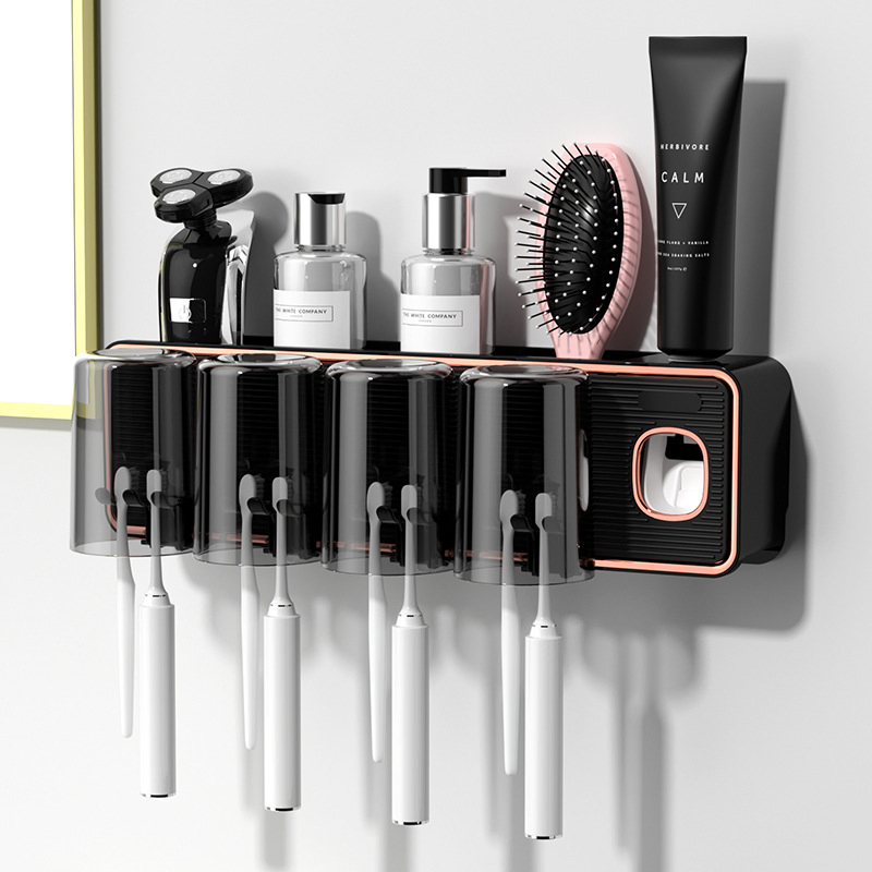 Wall-Mounted Punch-Free Toothbrush Holder, Mouthwash Cup, Automatic Toothpaste Dispensing Rack, Storage Rack