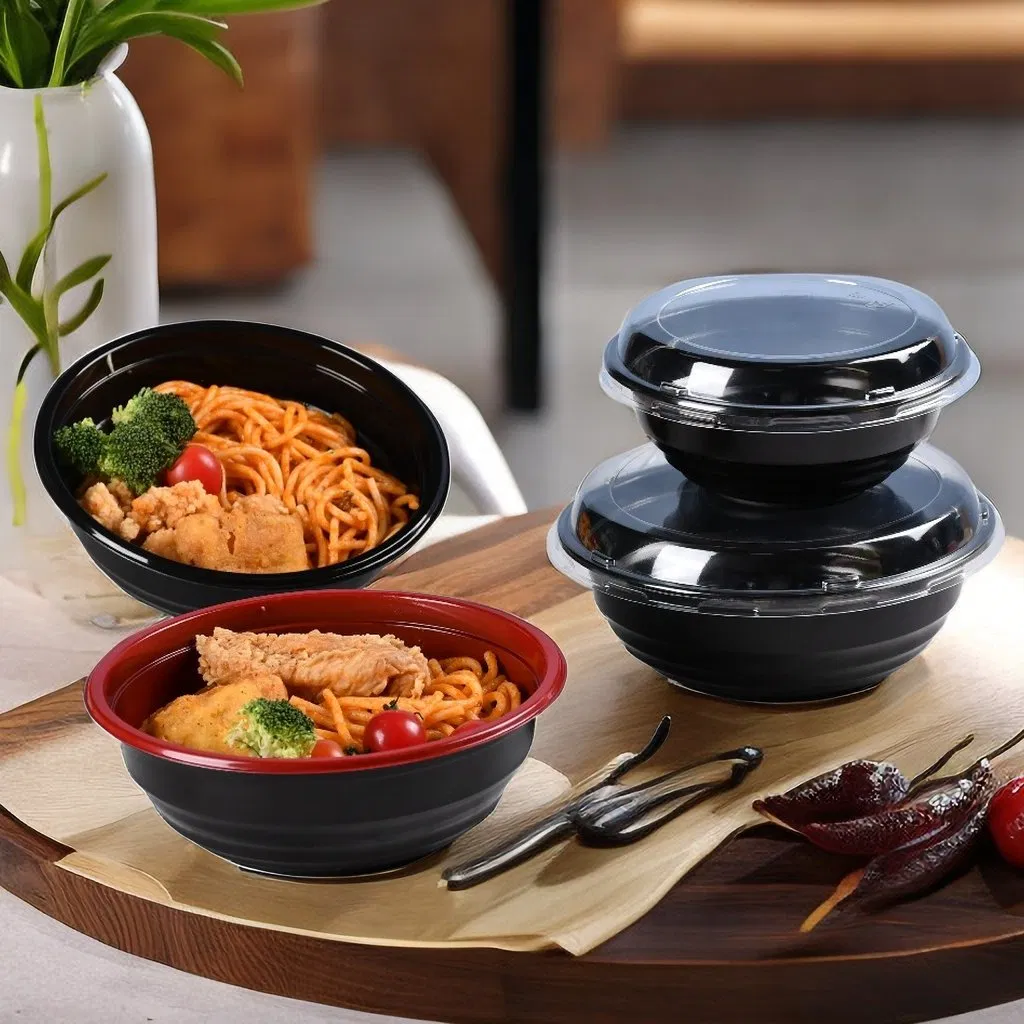 23 Oz Disposable Black White Healthy Meal Prep Togo Ramen Bowl with Lid
