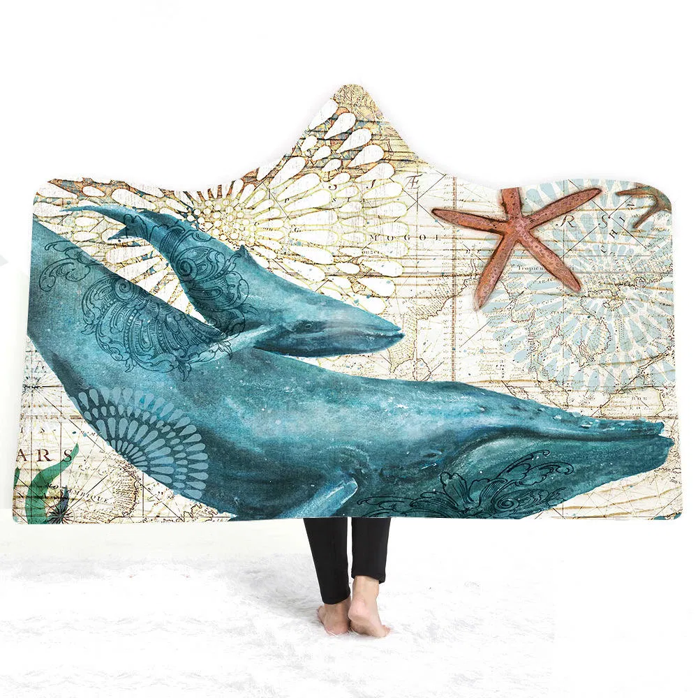 Wholesale Polyester Blue Vintage Aquatic Creatures Pattern Printed Hippie Hanging Tapestries Hoodie Blanket