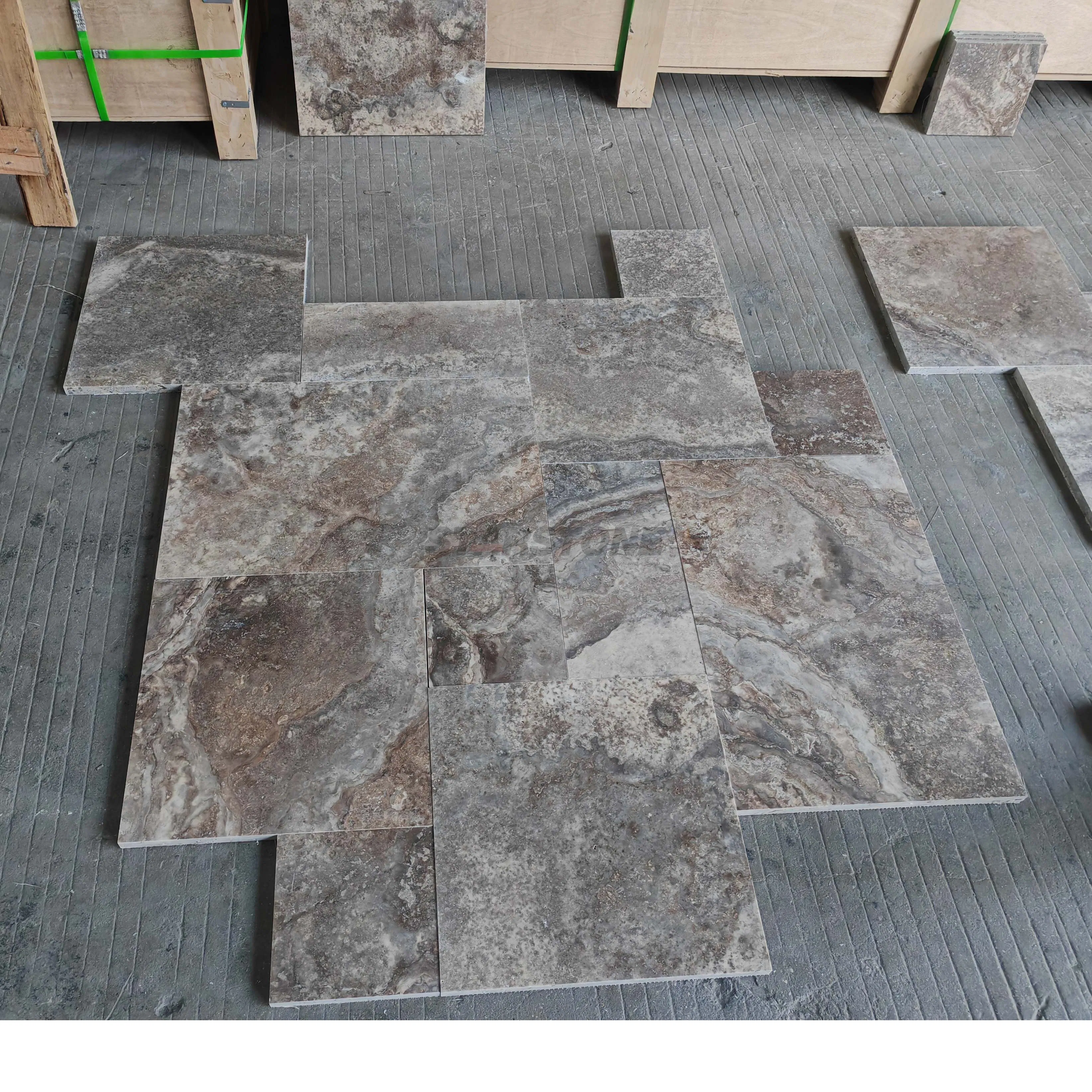 Manufacture Silver Gray French Pattern Travertine Natural Stone Paver Custom Travertine Tiles Outdoor Outdoor Park Custom Size