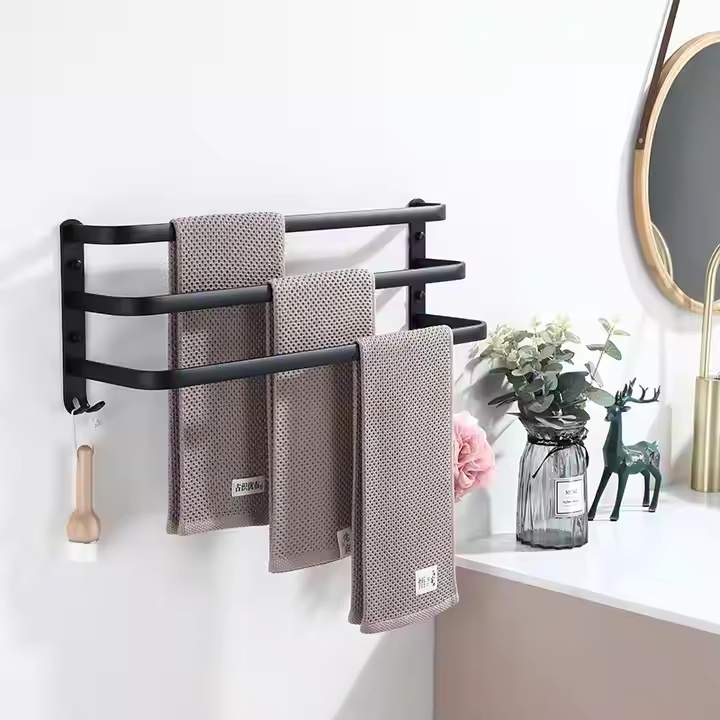 Stylish Matte Black Towel Rack with Hook for Bathrooms