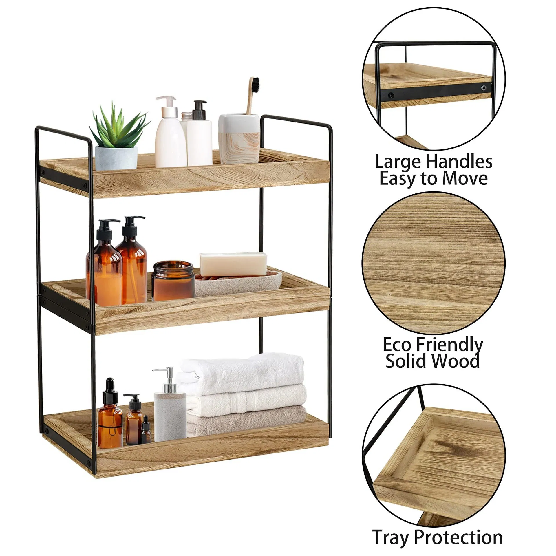 Bathroom Organizer Countertop 2-Tier Standing Counter Wood Tray for Kitchen Vanity Organizer