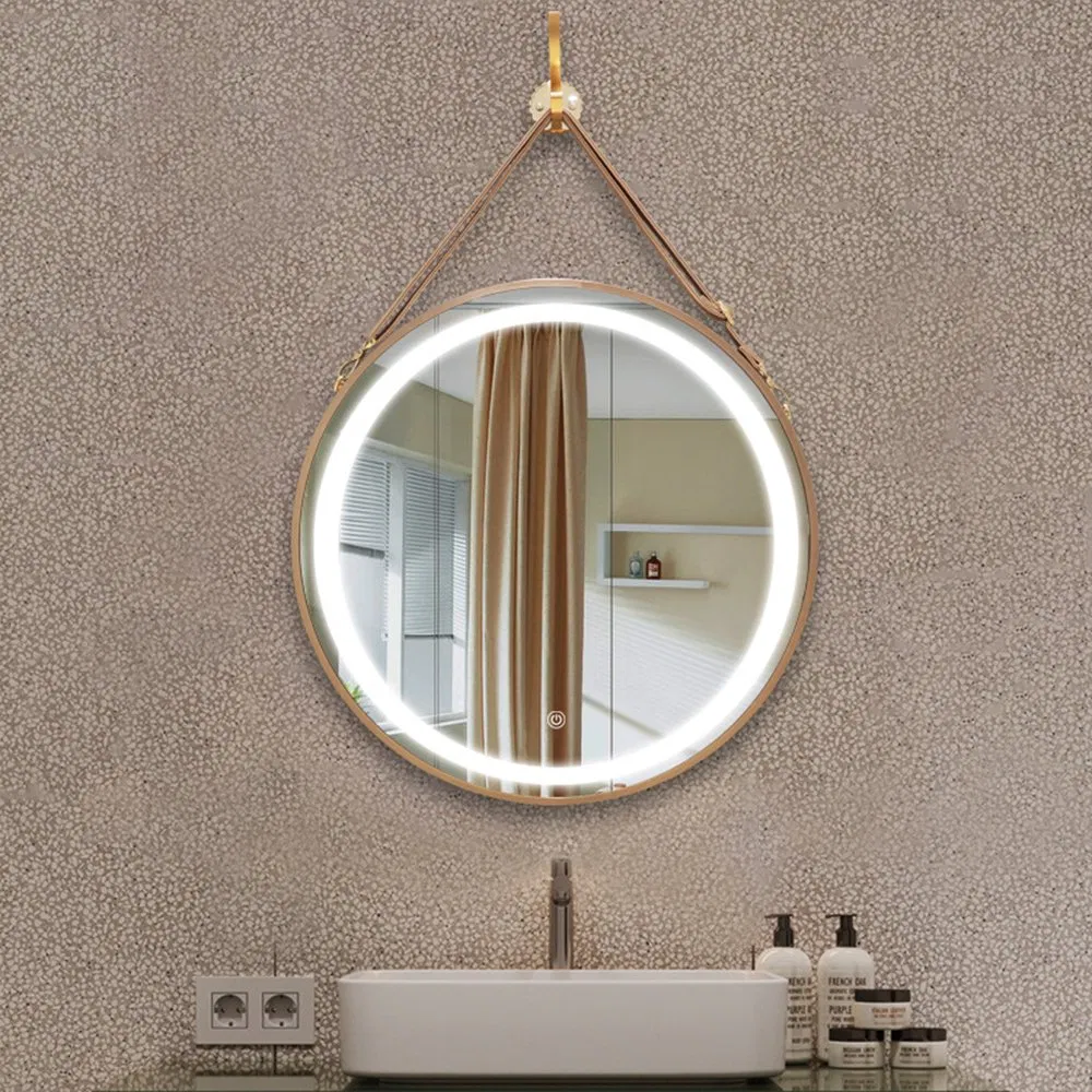 Nordic Style Hanging Metal Round Wrought Iron Design Decorative Wall Mirror with Leather Strap