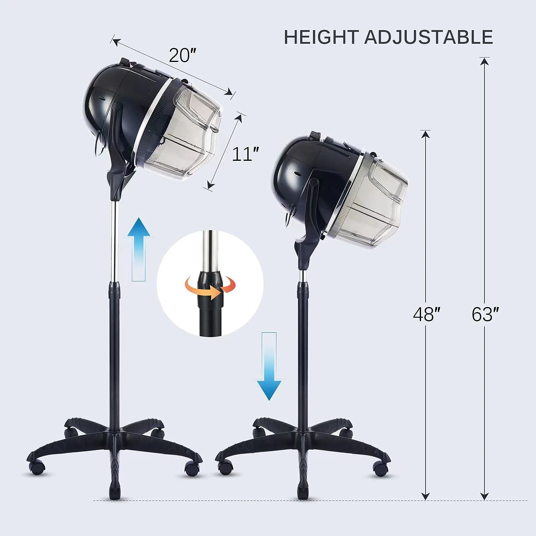 Beauty Salon equipment Professional Hairdryer Standing Rolling Base with Wheels Height Adjustable Hooded Stand up Hair Dryer