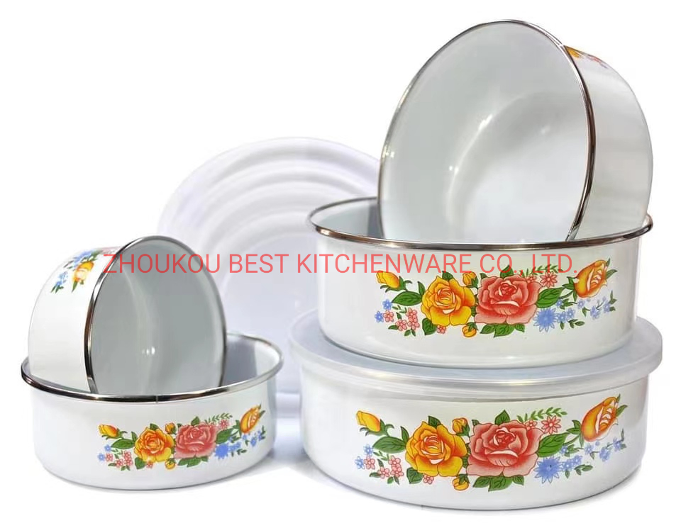 Factory Direct Sales 5 Pieces Enamel Storage Bowl 10-12-14-16-18cm with Plastic Lid