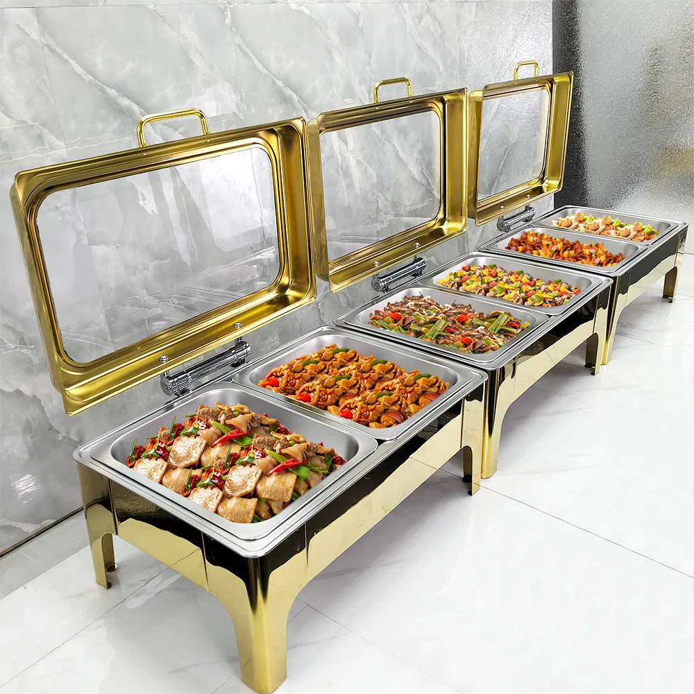Luxury 9L Gold Stainless Steel Fuel Buffet Stove Food Warmer Chafing Dish for Wedding Buffet Server Gas-Powered Serving Food