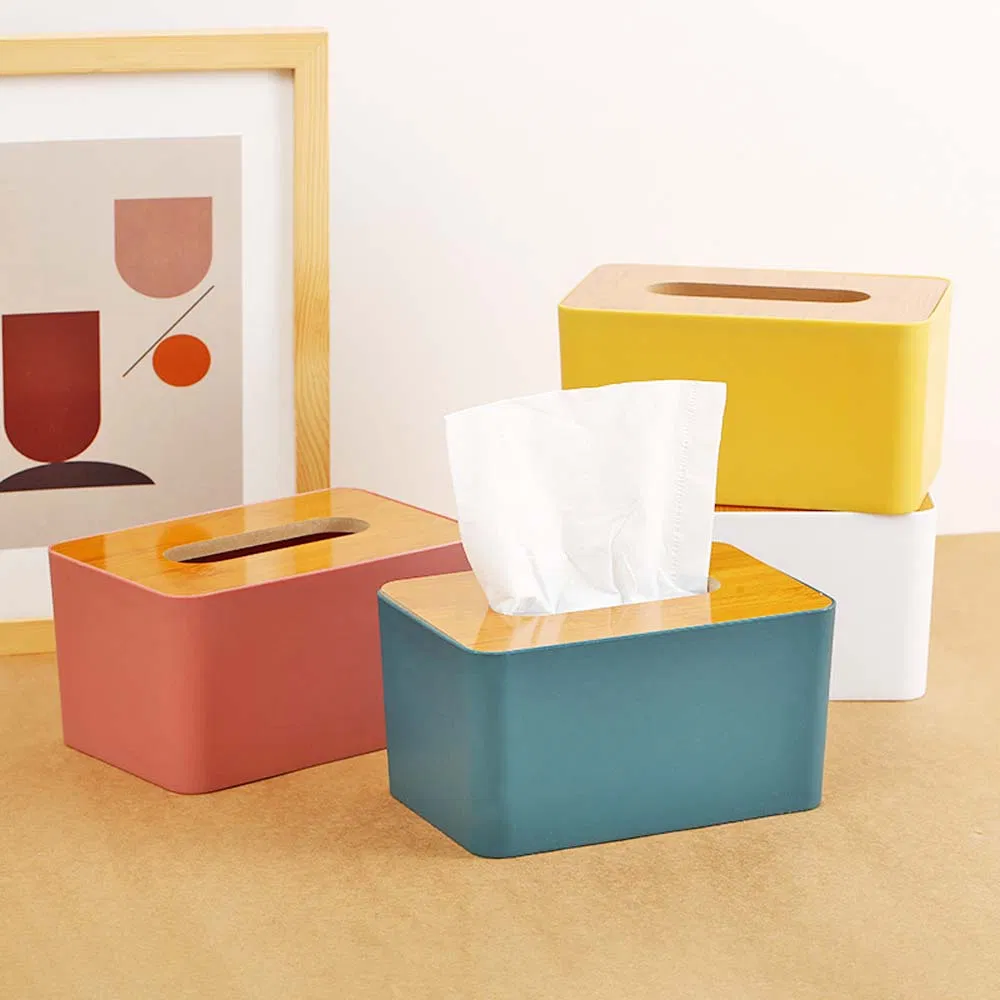 Customized Logo Creative Simple Household Tissue Box in Blue/Yellow/Orange/White with Wood Cover Made of Plastic Material for 3-5 Star Hotel/Home/Homestays