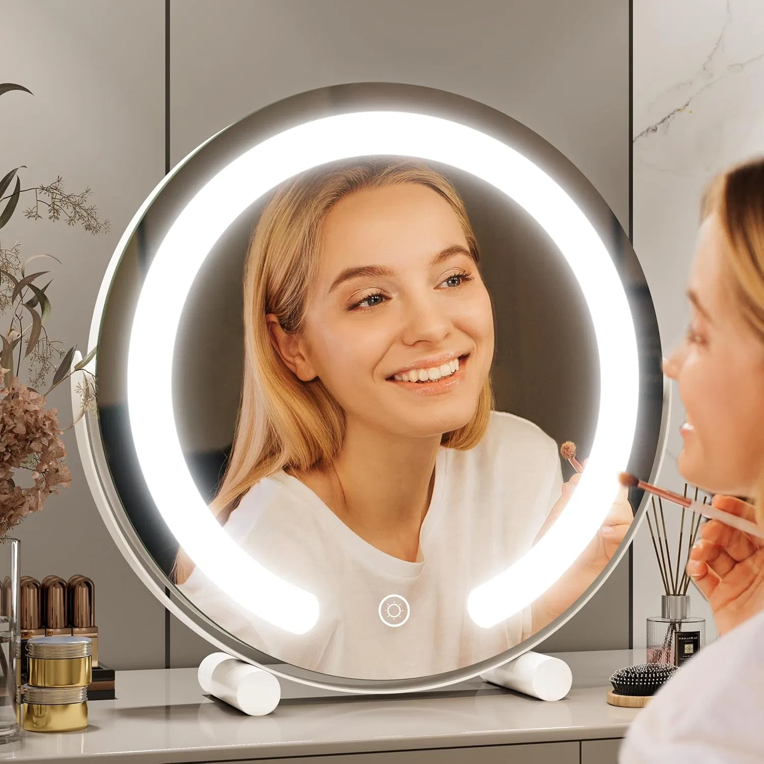 Jinghu Vanity Mirror with Lights LED Lighted Makeup Mirror Round Makeup with 3-Color Lighting 360° Rotation Dimmable for Tabletop Bedroom Bathroom