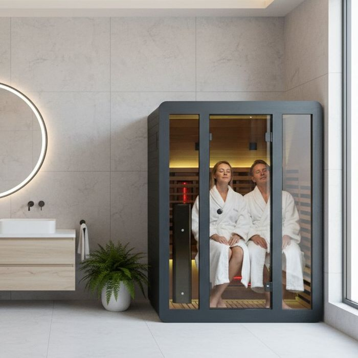 Инфракрасная сауна из термодерева с красным светом