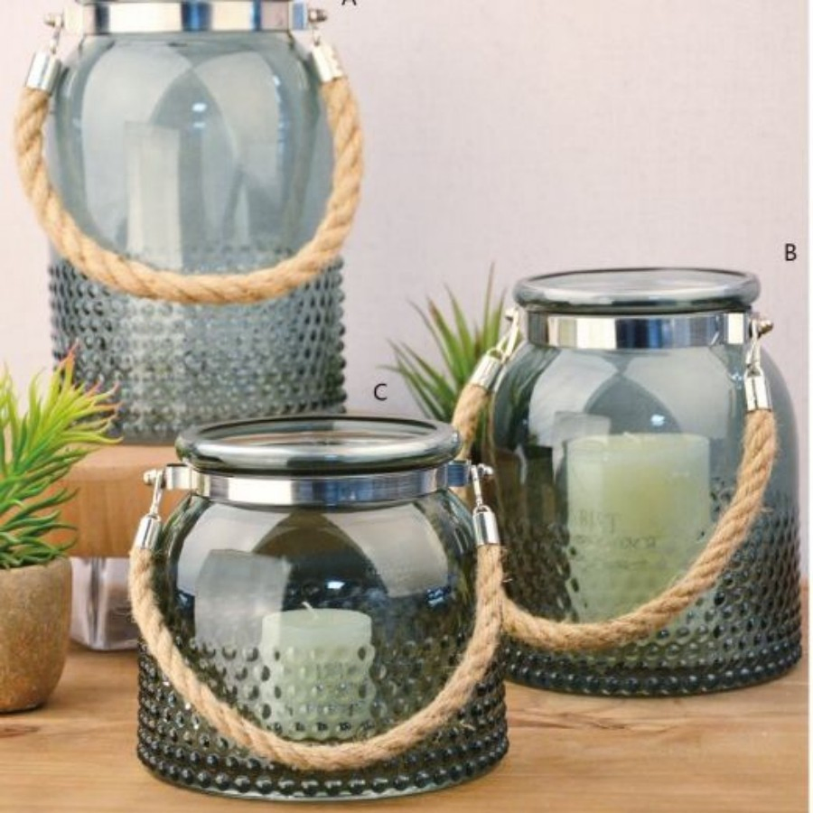 Glass Lantern with Rope Handle Candle Holder