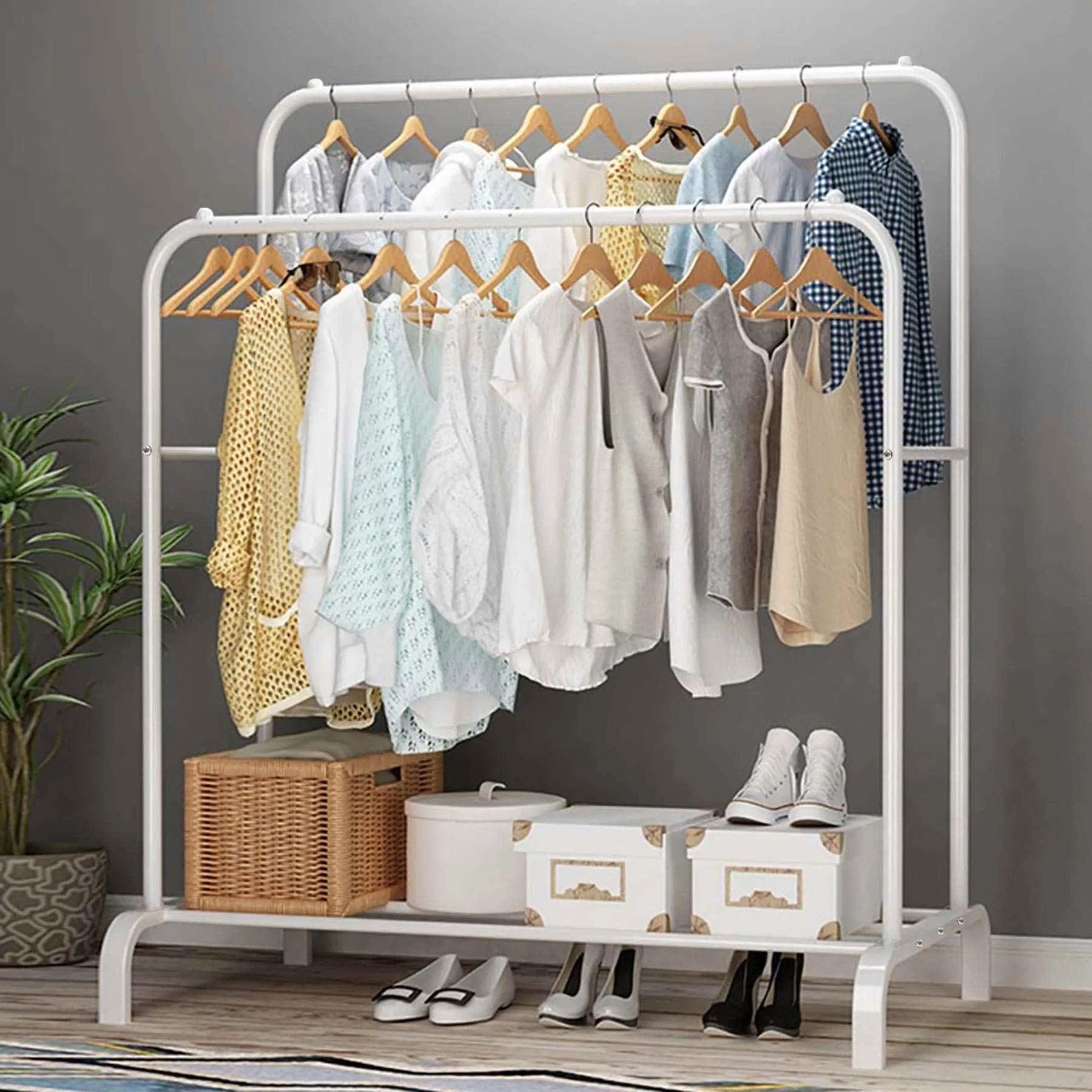 High Quality Open Type Wardrobe Portable Clothes Shoe Garment Coat Rack Display Shelves Rack Double Rod Hanging Clothing Racks for Bedroom