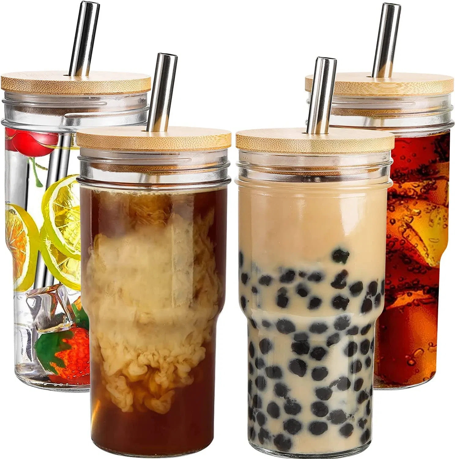 Wholesale 22oz Transparent Glass Juice Coffee Mug with Bamboo Lid and Straw