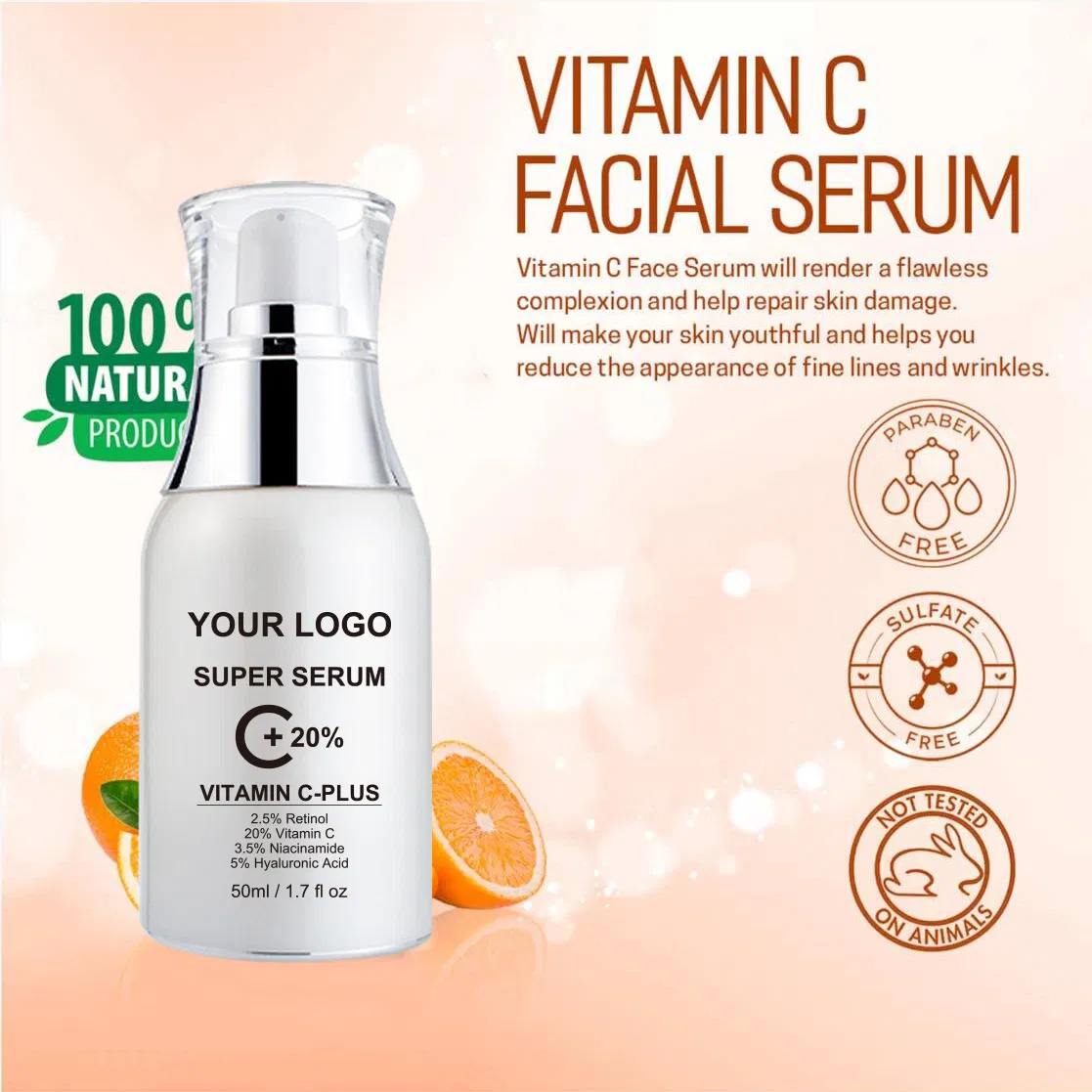 Private Label 50ml Organic Moisturizing Dark Spot Serum Skin Face Whitening Anti Wrinkle Vitamin C Serum