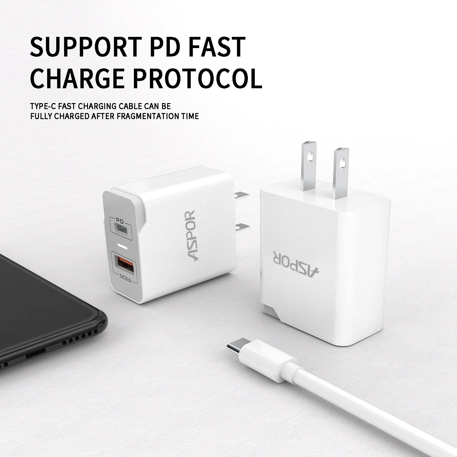 Aspor New A826 20W Pd+ QC Fast Speed Phone Charger EU/Us/UK Pin Type C- Type C / Ipx / Pd Cable