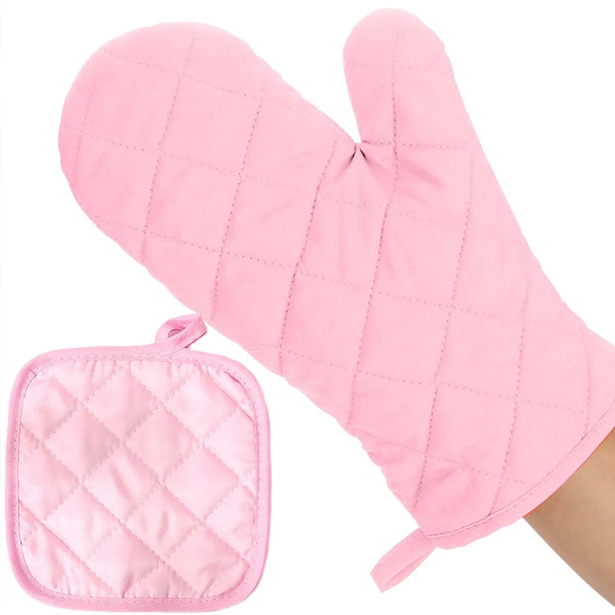 Pink Checkered Heat-Insulating Glove Set, Glove Mat, Universal Oven Glove, Desktop Protection Pad