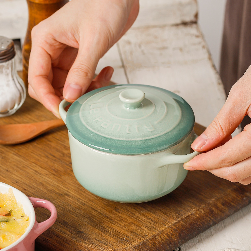 Ceramic Baby Food Bowl with Ear and Cover Steamed Egg Custard Stew Bowl