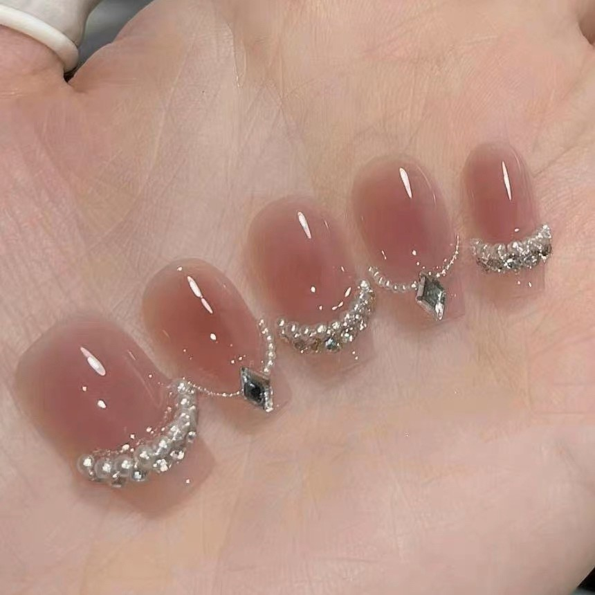 Stone Cat's Eye Crushed Diamond Nude Color Ice Through Handmade Finished Fake Nail Patch Wearing Manicure