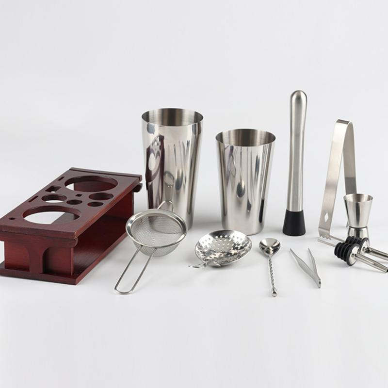 Stainless Steel Bartender Kit Cocktail Shaker Bar Set with Wood Stand