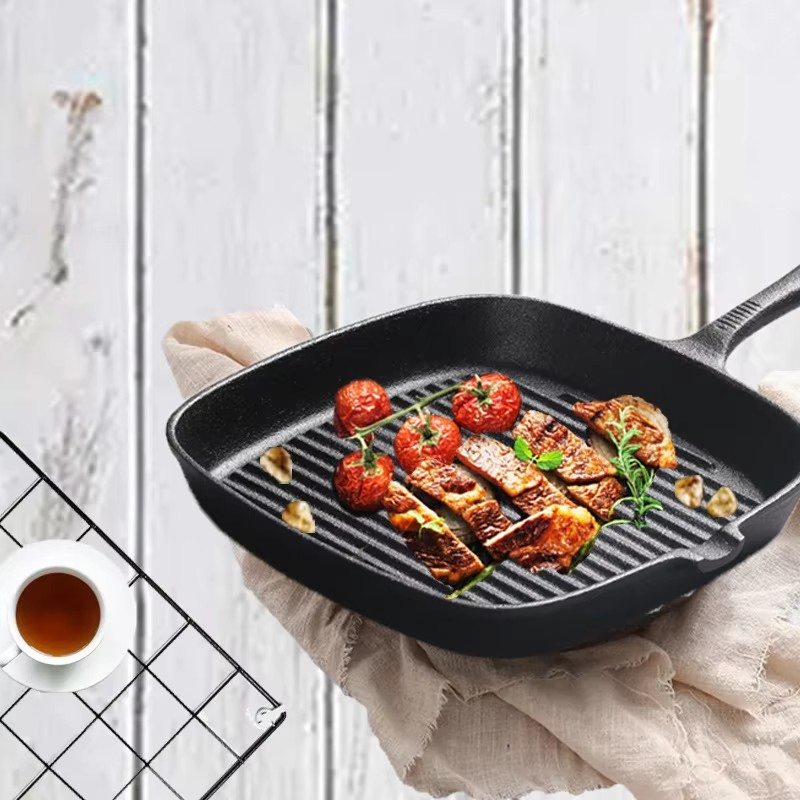 Hot Sale Pre-Seasoned Cast Iron Square Grill Pan BBQ Grill Skillet Steak Frying Pan