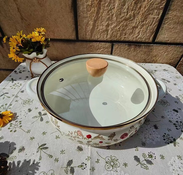 Enamel Casserole Pot Kitchenware Accessories Cooking Pots Double Wall Casserole Pot with Glass Lid