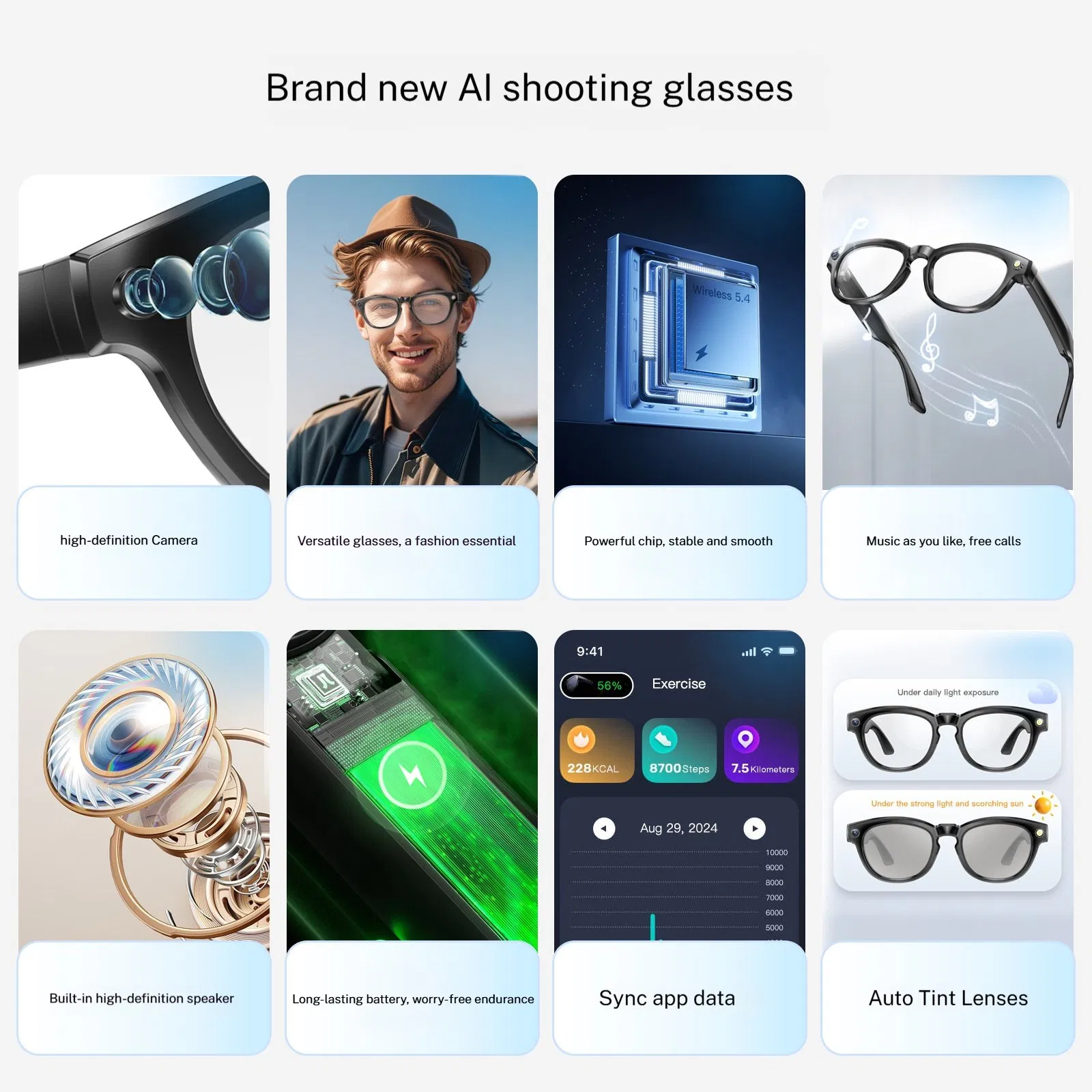 Newest Fashion Intelligent Eyewear with Camera Outdoor Photography Lenses Step Count Calories Distance Record Ai Smart Glasses