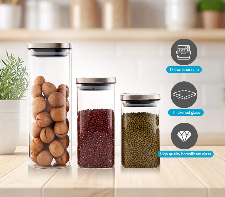 Elegant Square Glass Jar with Stainless Steel Lid for Food 1100ml