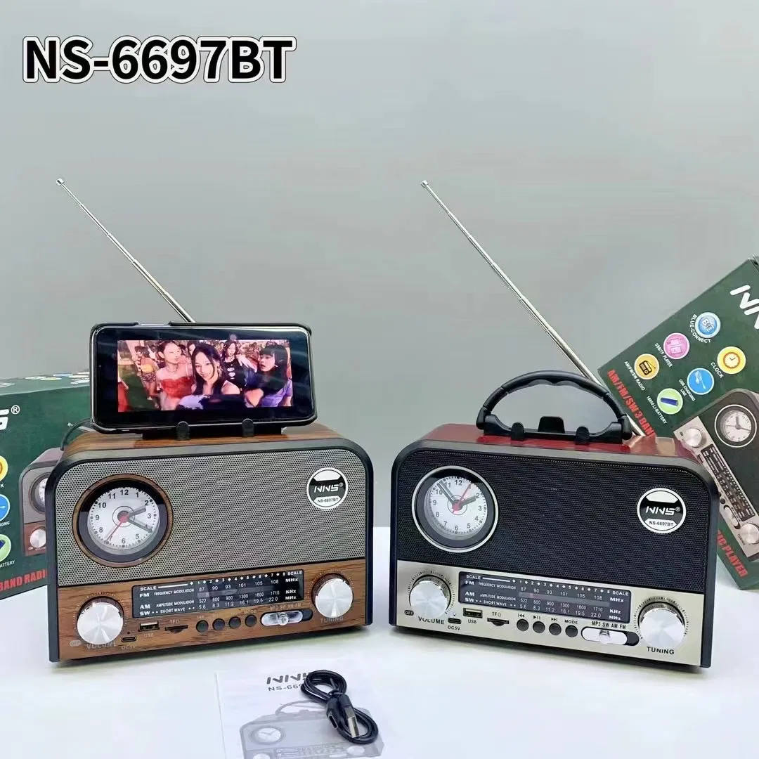 Радио NS-6698BT с часами и Bluetooth, деревянный корпус