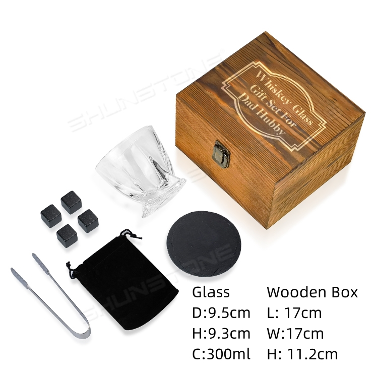 Wholesale Custom Basalt Whiskey Stone Slate Coaster Twisted Whisky Glass Gift Set for Men Dad Hubby