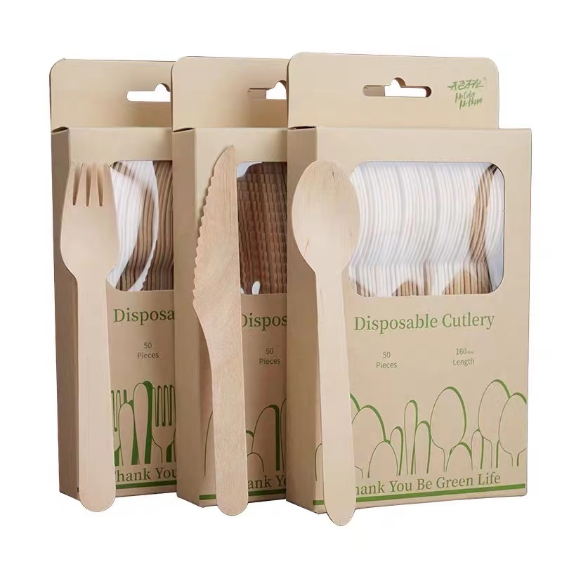 Biodegradable Disposable Wooden Cutlery Set Knife Fork Spoon Teaspoon Flatware Kitchenware Dinnerware Dinner Set