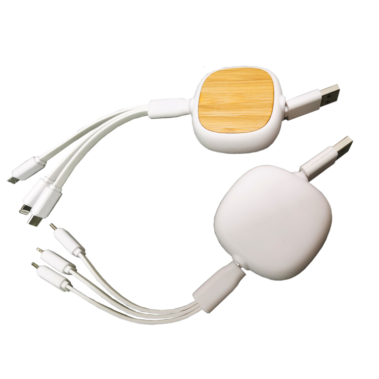 Retractable Eco Friendly Bamboo Wood for Mobile Phone Type C Micro USB Flat 3 in 1 Charging Cable