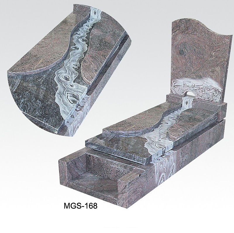 Red Granite Headstone with Flower Carving and Vase