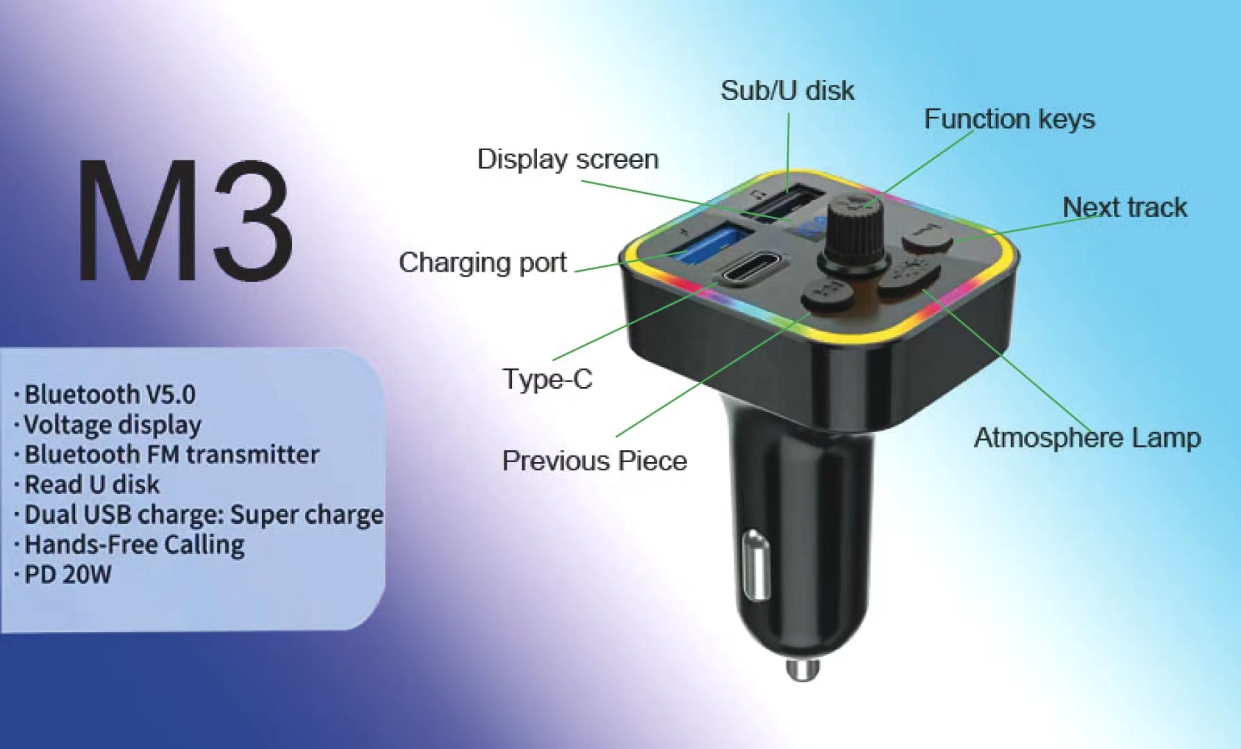 FM трансмиттер автомобильный M3 Bluetooth MP3 быстрая зарядка