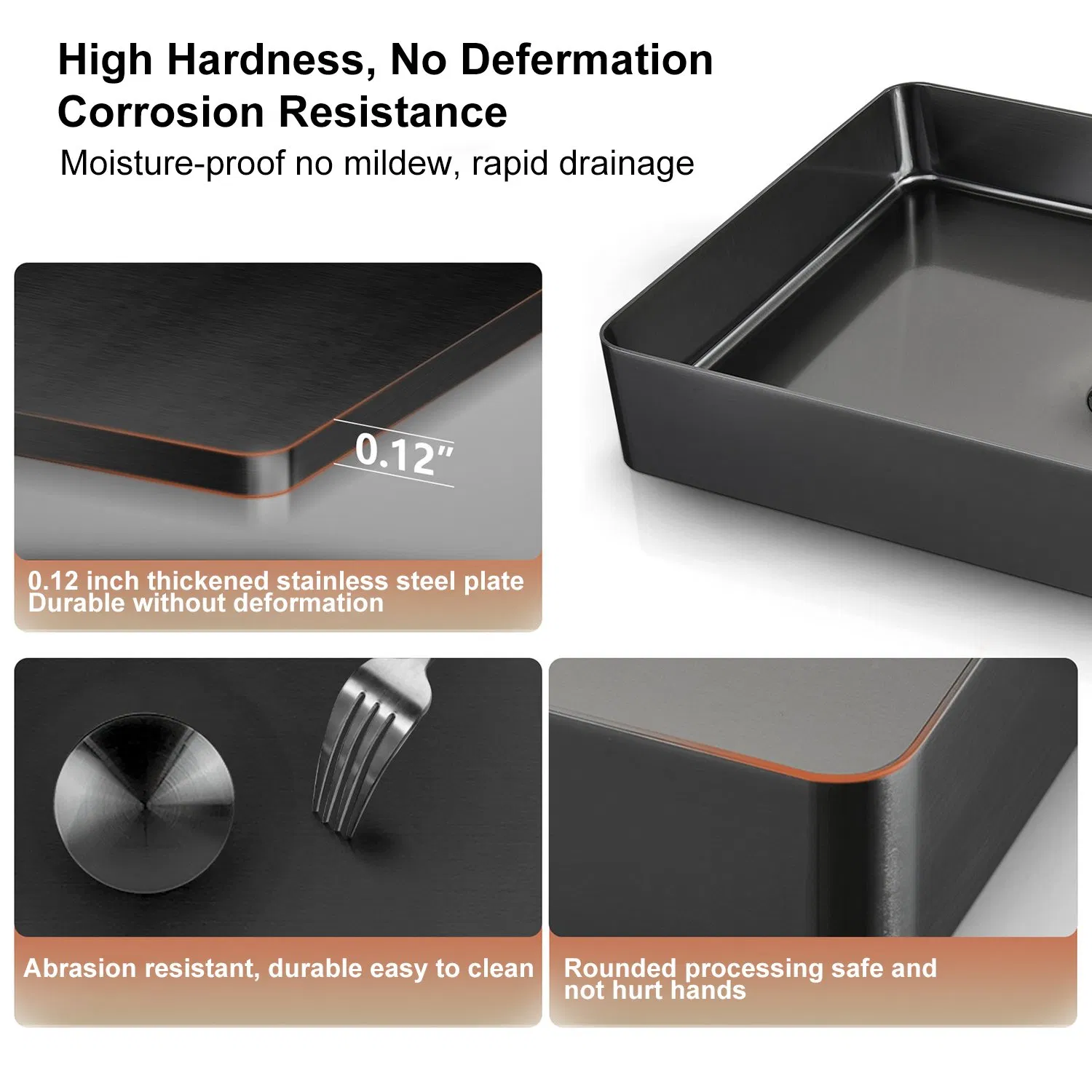 High Quality Vessel Handmade Table Top Wash Basin Rectangular Stainless Steel Bathroom Sink