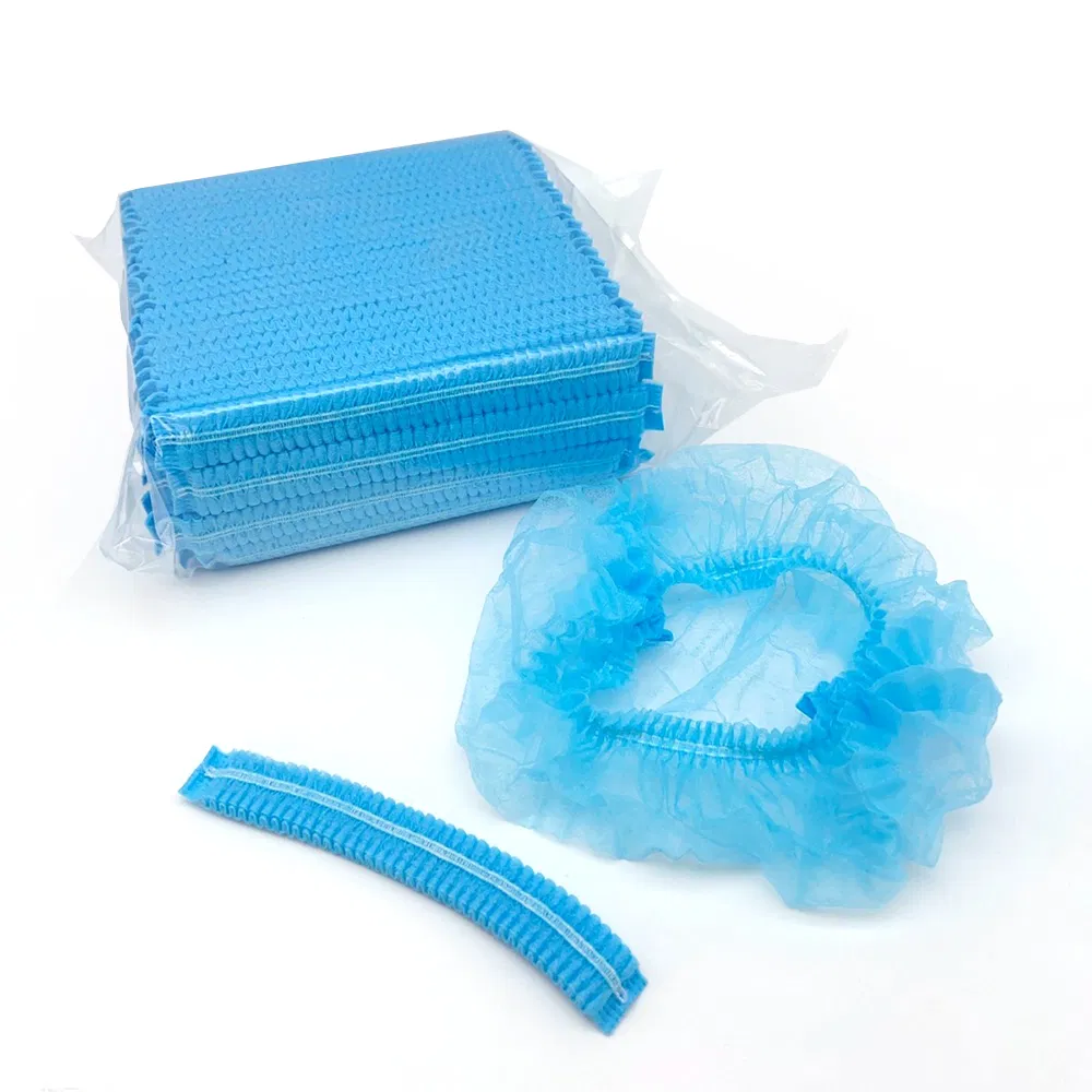 Disposable Non-Woven Bouffant Cap, Blue/White, 19"/21", Single/Double Elastic Band, 100PCS/Bag for Food Service & Cleanroom