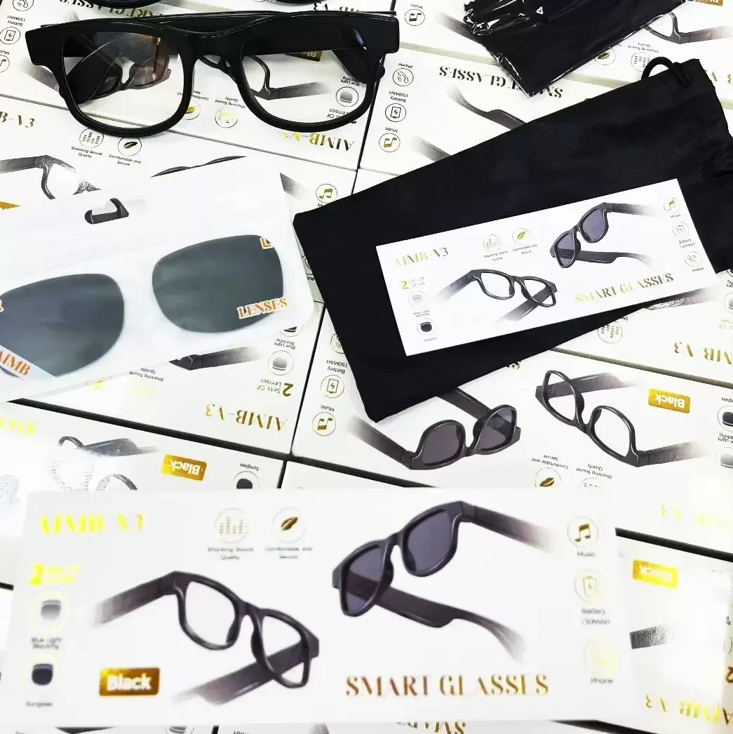 Smart Glasses Aimb-V3 for Men Women Wholesale Rectangular Black Low Latency Audio Bluetooth Audio Sunglasses