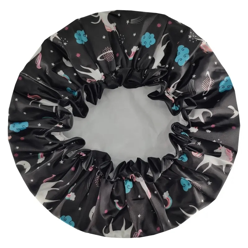 Digital Printing Cartoon Shower Caps Low MOQ Large Enough Elastic Double Layer