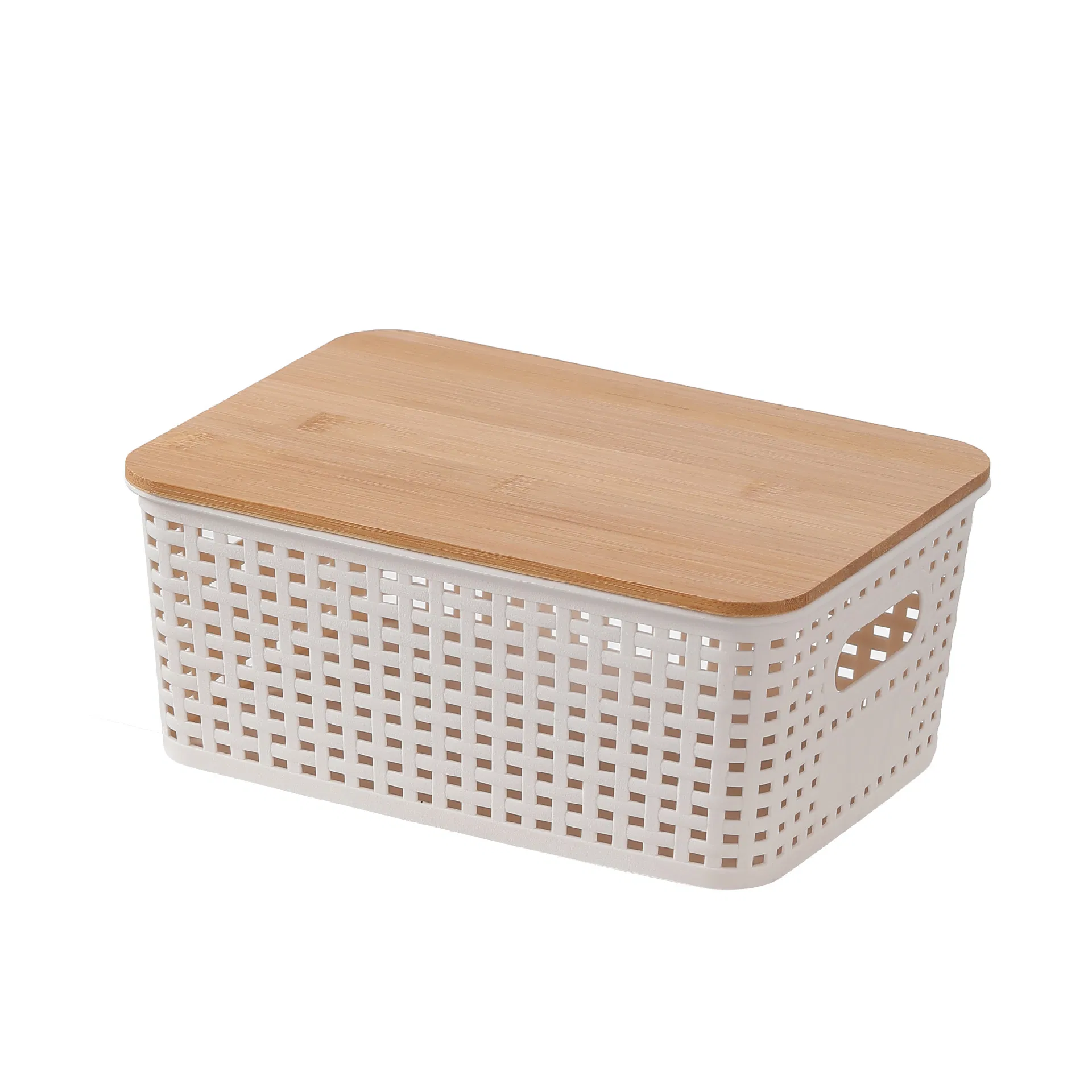 Stackable Plastic Woven Storage Basket with Bamboo Lid
