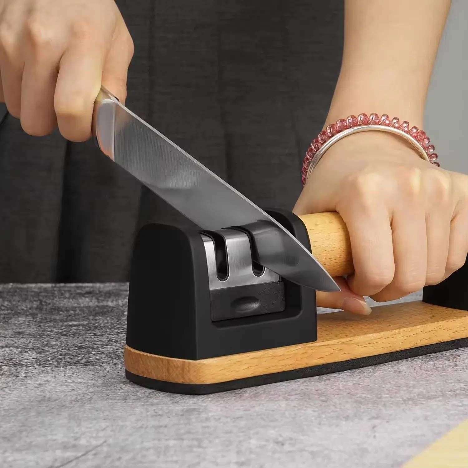 Latest New Manual 2 Stage Knife Sharpener with Wood Handle