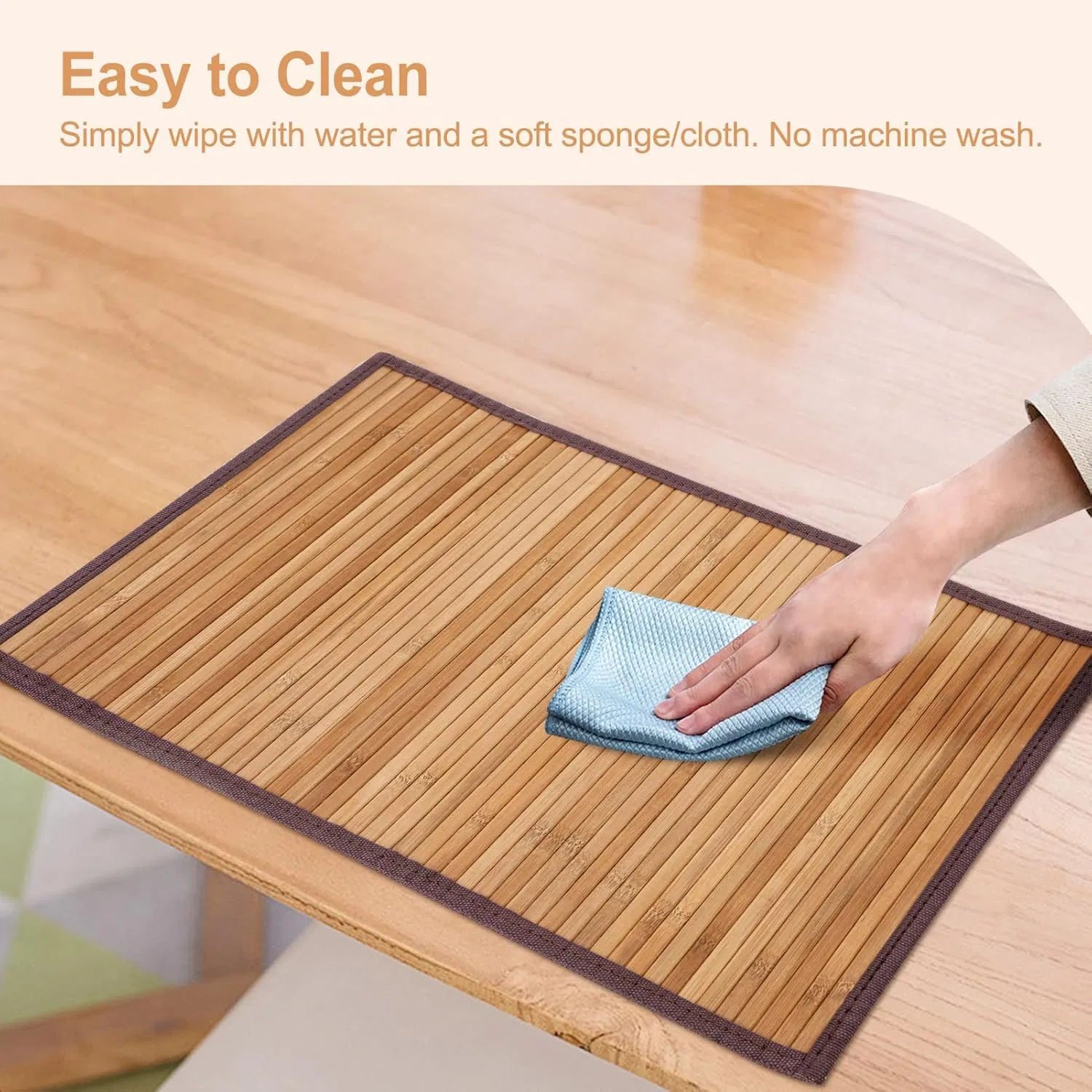 Natural Bamboo Table Matrectangular with Cloth Edge, Rollable Placemat for Dining