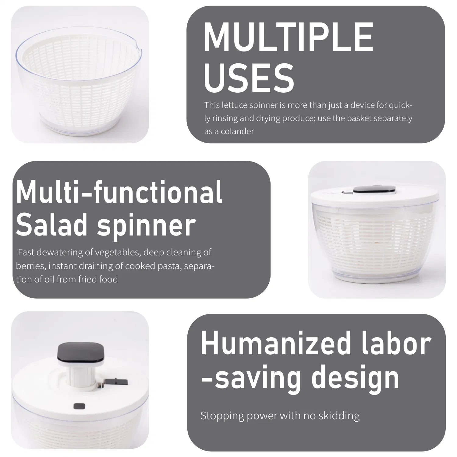 White Pump-Action Salad Spinner with Storage Lid Quick, Manual Vegetable Dryer