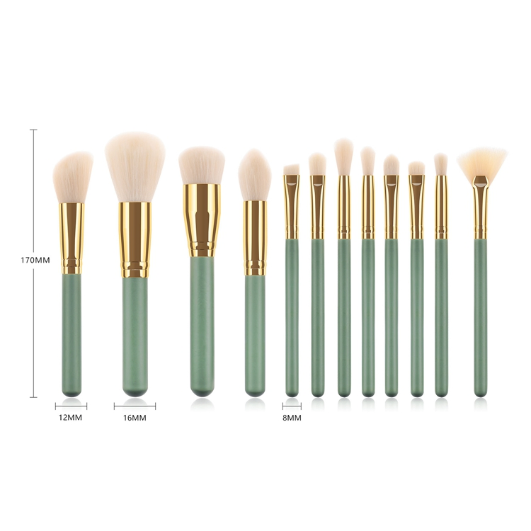 Private Label Low MOQ 12PCS Vegan Synthetic Hair Fresh Green Makeup Brush Set