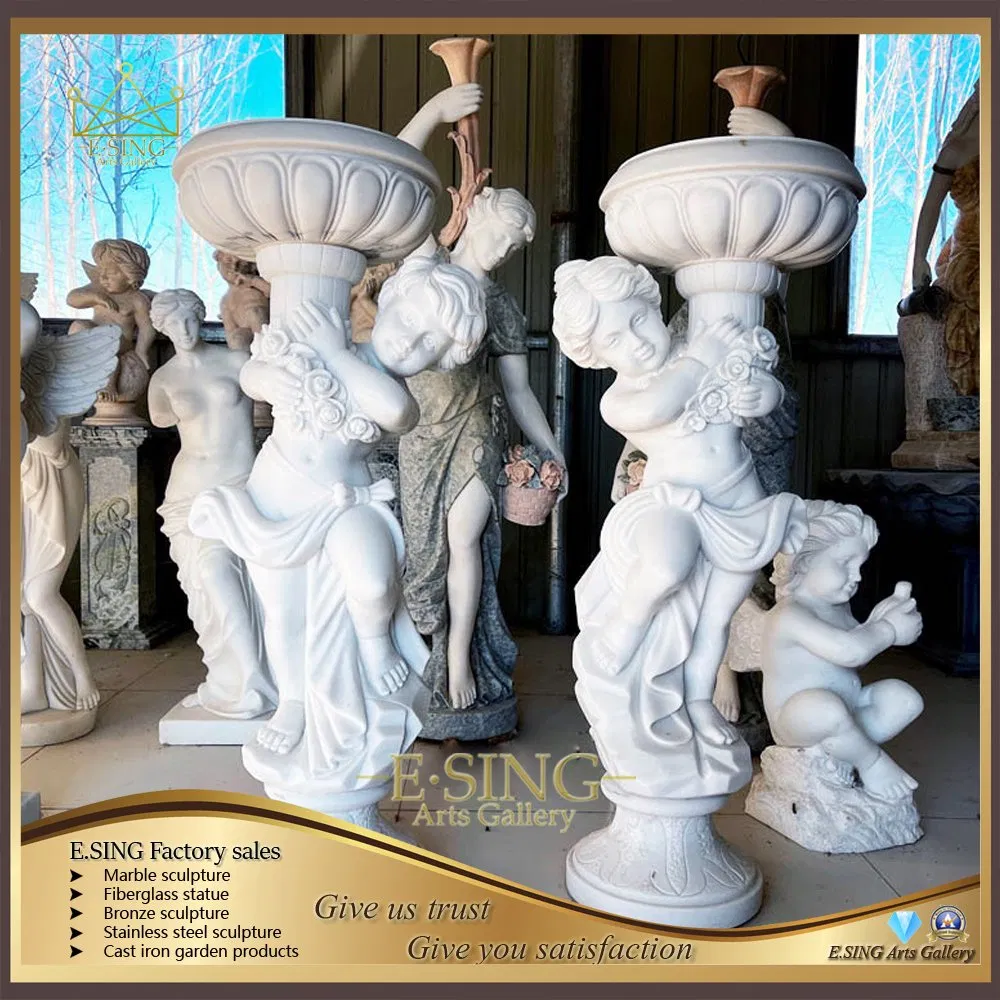 Outdoor Park Garden Natural Stone Hand Carved Flowerpot Large Marble Planter Pot with Baby Girl Statue