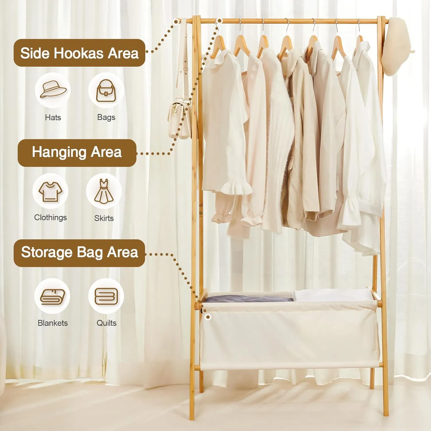 Bamboo Bedroom Cloakroom with Clothes Hanging and Storage Bamboo Clothes Rack