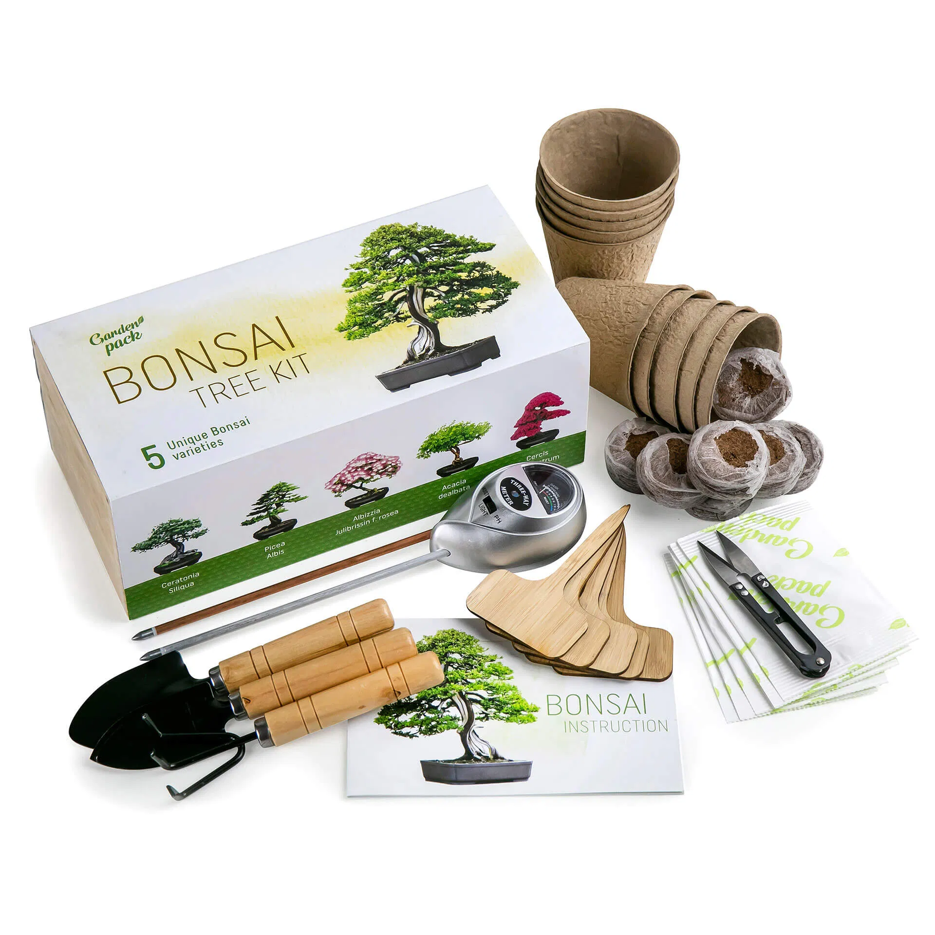 Garden Pack Grow Your Own Bonsai Tree Kit with Plant Markers Soil Moisture Light pH Meter Peat Pots Peat Pellets Pruning Scissors Miniature Gardening Tools