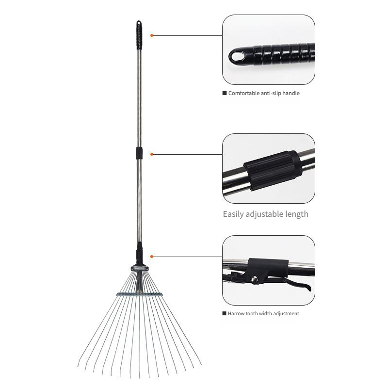 Stainless Steel Telescopic Leaf Rake with 9~15 Tooth Retractable Extension-Type Garden Wire Rake Harrow for Dead Leaf