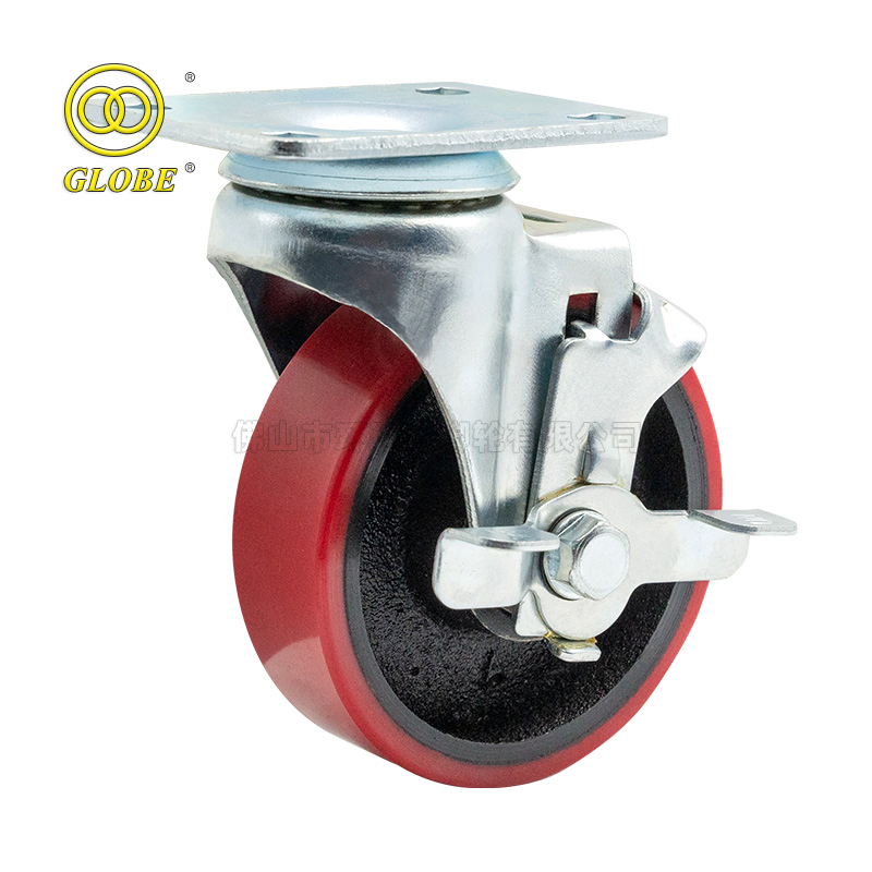 4 Inch Swivel Industrial Iron Core PU Caster Wheel for Handtruck with Brake