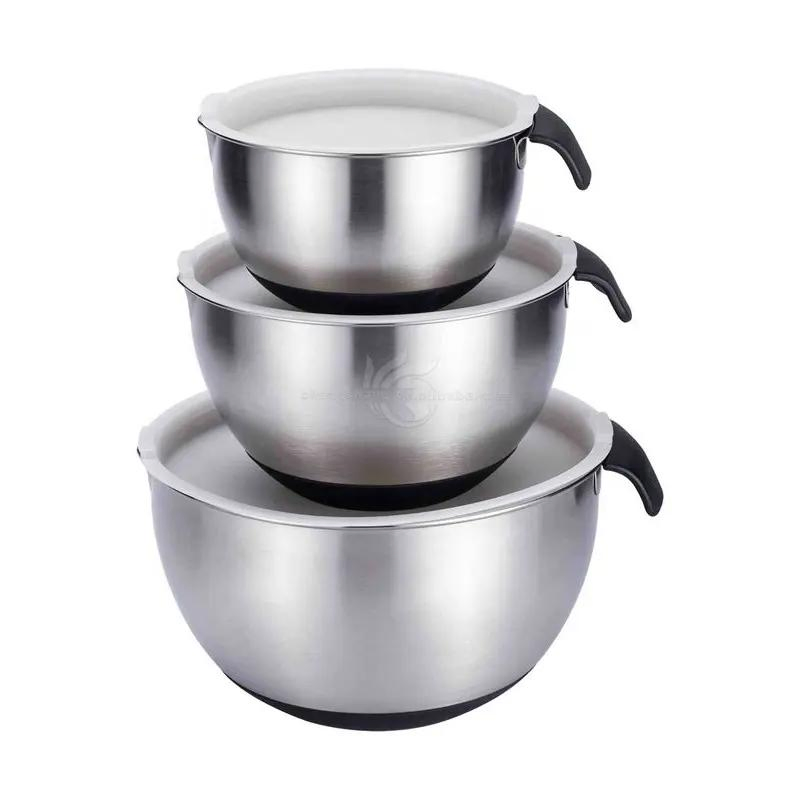 Kitchenware 3PCS Salad Bowl Stainless Steel 304 Mixing Bowl with PE Lid and Silicone Handle